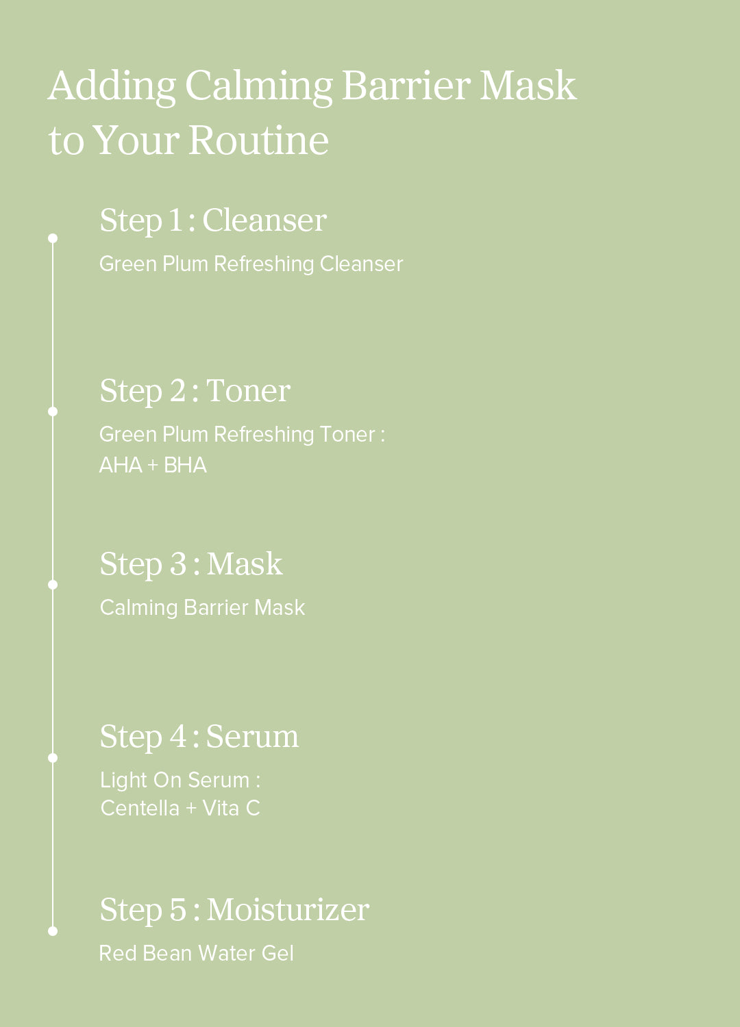 A pale sage green informational graphic with white text outlining a skincare routine step-by-step: cleanser, toner, calming barrier mask, serum, and moisturizer.